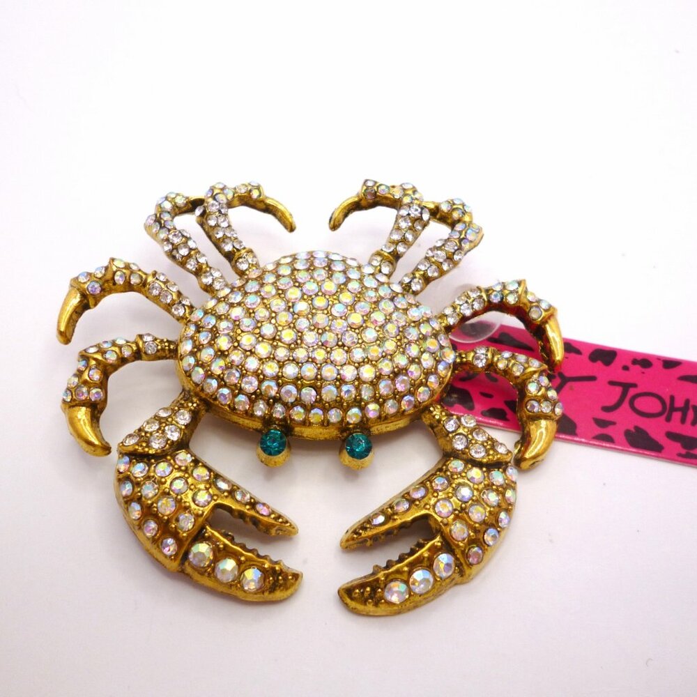RARE Betsey Johnson Crab Pin Aurora Borealis Rhinestones 2 3/8"NWT Perfect Cond